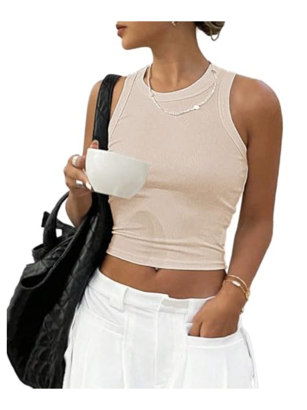 Womens Ribbed Knit Cropped Tank Top High Neck Slim Fit Sleeveless